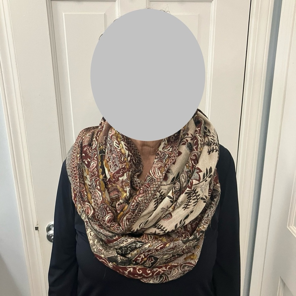 Raj Infinity Scarf Boho Brown Tan Maroon black paisley pattern reversable knit